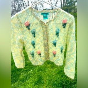 Kenzie girl mohair/acrylic sweater in pastel with flowers and sequins.